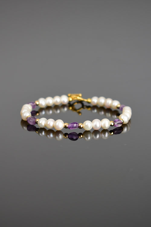 İnci - Ametist Doğal Taş Gümüş Kapama Tasarım Bileklik