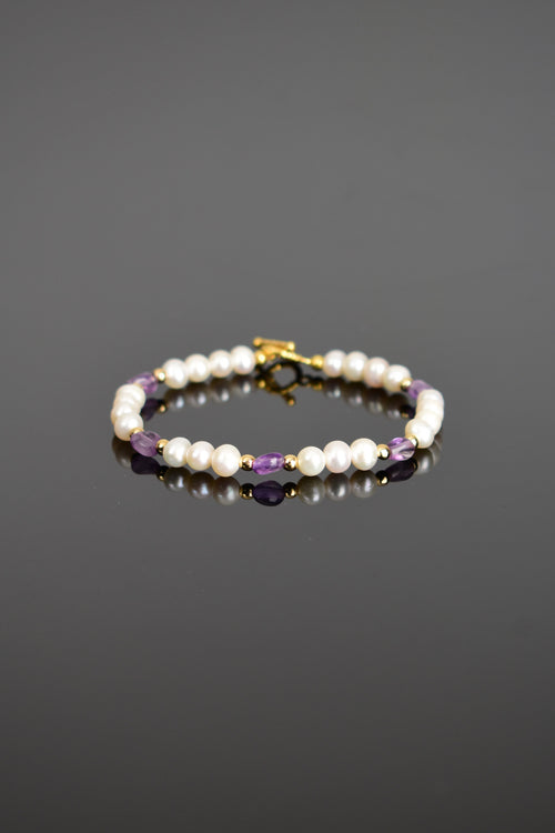 İnci - Ametist Doğal Taş Gümüş Kapama Tasarım Bileklik