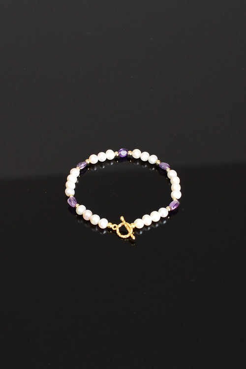 İnci - Ametist Doğal Taş Gümüş Kapama Tasarım Bileklik