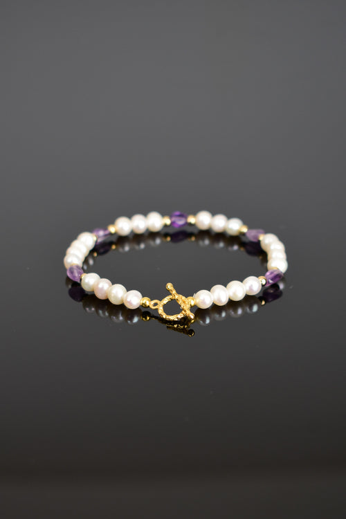 İnci - Ametist Doğal Taş Gümüş Kapama Tasarım Bileklik