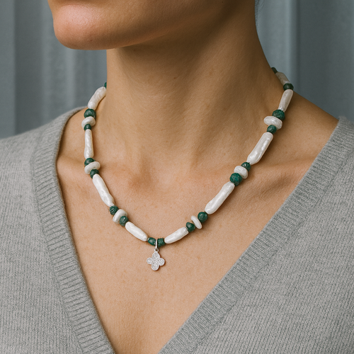 İnci - Malakit Doğal Taş Gümüş Kapama Kolye