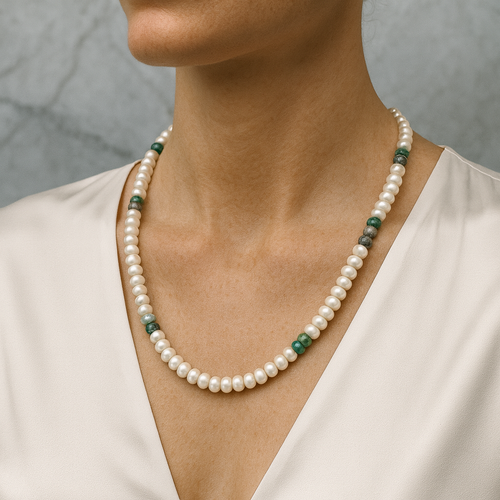 İnci - Zümrüt - Labradorit Doğal Taş Kolye