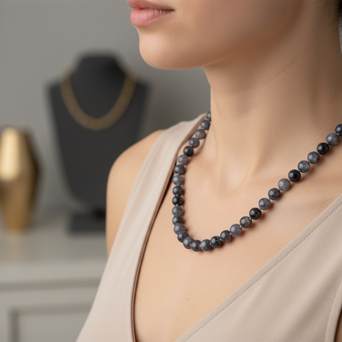 İyolit 8 mm Düğümlü Doğal Taş Kolye