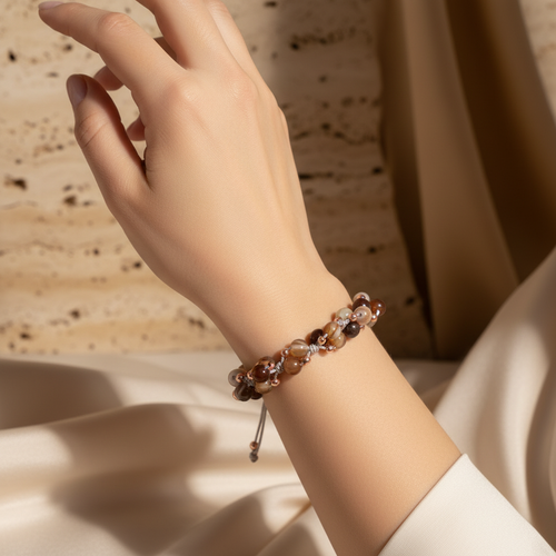 Kahve Göz Akik Üçlü Makrome Özel Tasarım Bileklik 6 mm