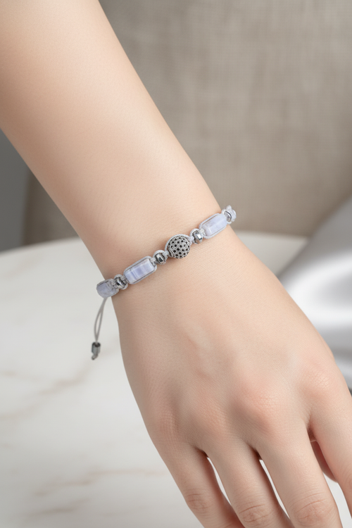 Kalsedon - Hematit Doğal Taş Zirkon Aparatlı Makrome Bileklik