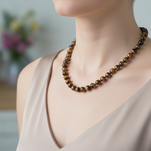 Kaplan Gözü 8 mm Düğümlü Doğal Taş Kolye