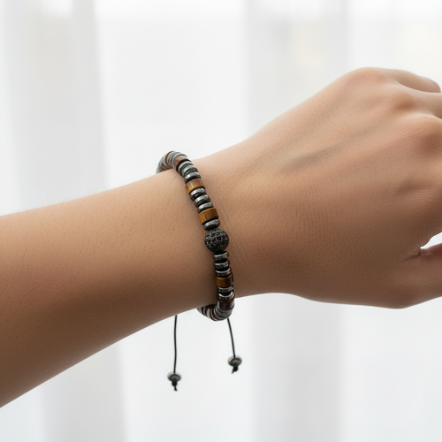 Kaplan Gözü - Hematit Doğal Taş Makrome Bileklik