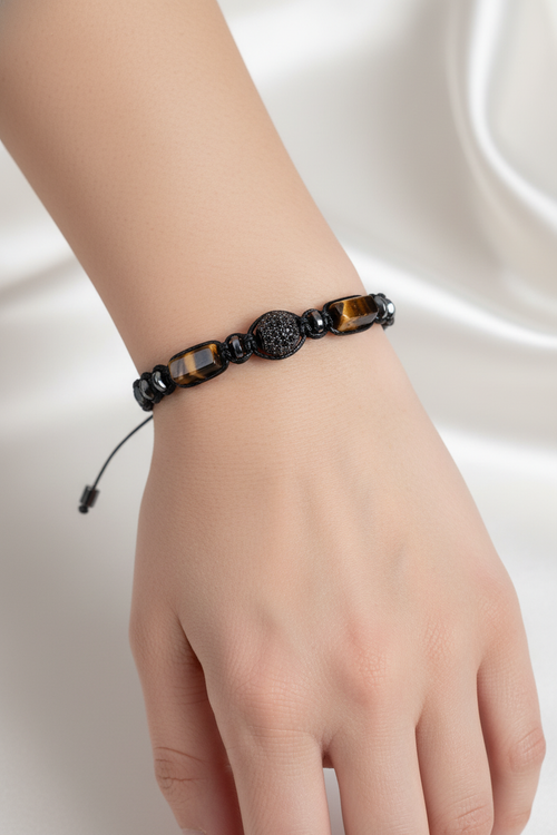 Kaplan Gözü - Hematit Doğal Taş Zirkon Aparatlı Makrome Bileklik