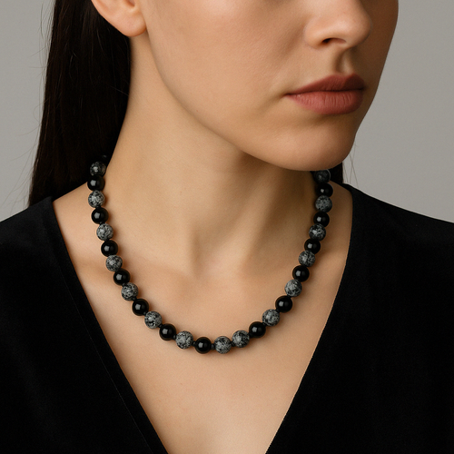 Karlı Obsidyen 8 mm Düğümlü Doğal Taş Kolye