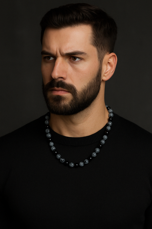Karlı Obsidyen 8 mm Düğümlü Doğal Taş Kolye