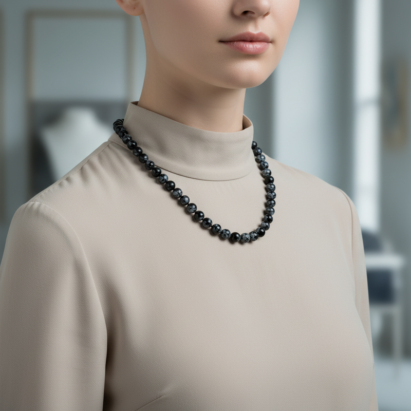 Karlı Obsidyen 8 mm Düğümlü Doğal Taş Kolye - Görsel 1 - Safnaturel