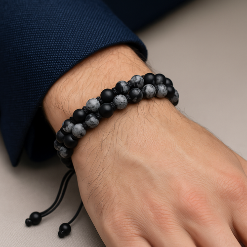 Snowy Obsidian 8mm Double Row Macrame Natural Stone Bracelet