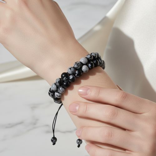 Karlı Obsidyen 8mm Çift Sıra Makrome Doğal Taş Bileklik