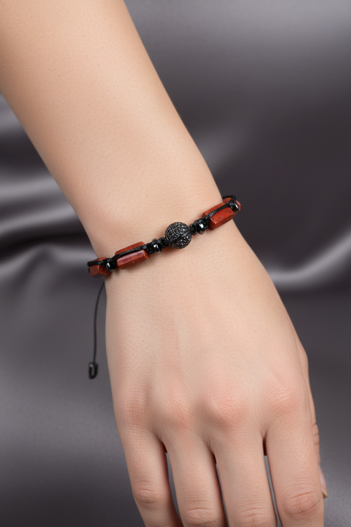 Kırmızı Jasper - Hematit Doğal Taş Zirkon Aparatlı Makrome Bileklik