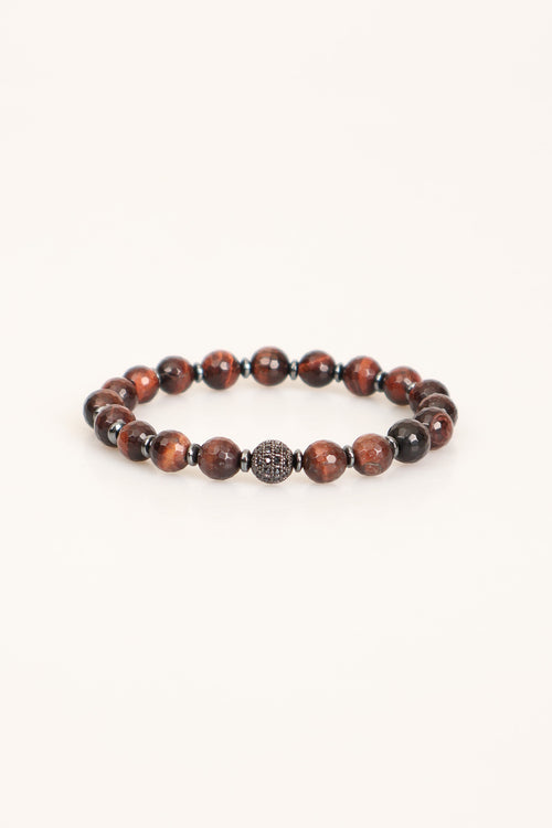 Kırmızı Kaplan Gözü - Hematit Doğal Taş Zirkon Aparatlı Erkek Bileklik