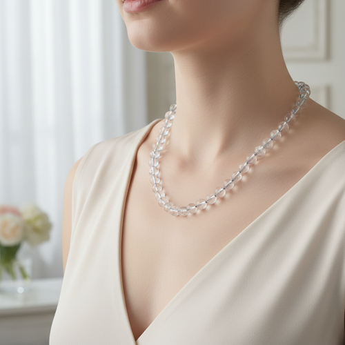 Kristal Kuvars 6 mm Düğümlü Doğal Taş Kolye