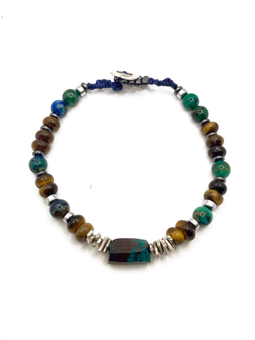 Krizokol-Kaplan Gözü-Azurit Malakit-Hematit Doğal Taş Gümüş Erkek Bileklik