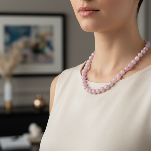 Kunzit 8 mm Düğümlü Doğal Taş Kolye