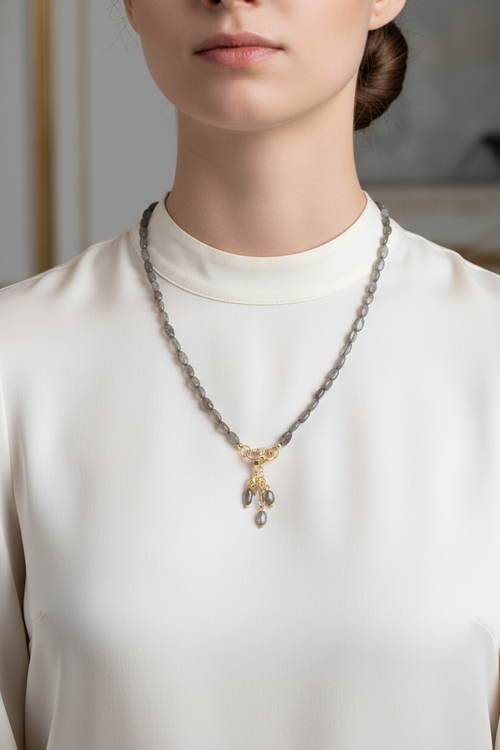 Labradorit Doğal Taş Gümüş Uçlu Tasarım Kolye