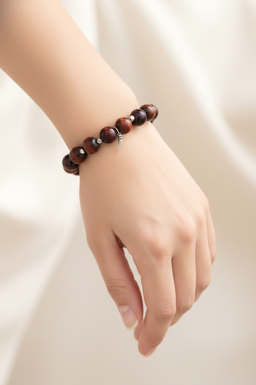 Lal Garnet & Kırmızı Kaplan Gözü (10 mm) Doğal Taş Gümüş Aparatlı Bileklik