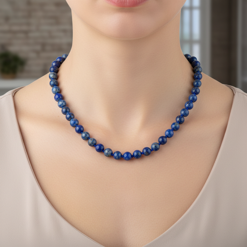 Lapis Lazuli 8 mm Düğümlü Doğal Taş Kolye