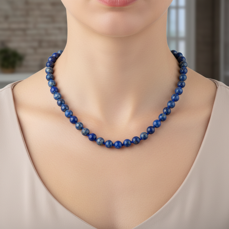 Lapis Lazuli 8 mm Düğümlü Doğal Taş Kolye - Görsel 1 - Safnaturel