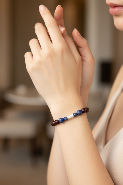 Lapis Lazuli & Dragon Jasper (8 mm) Doğal Taş Gümüş Aparatlı Bileklik