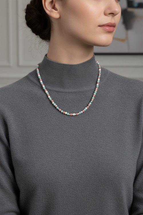 Larimar - Güneş Taşı - Havlit Doğal Taş Gümüş Aparatlı 4 mm Kolye