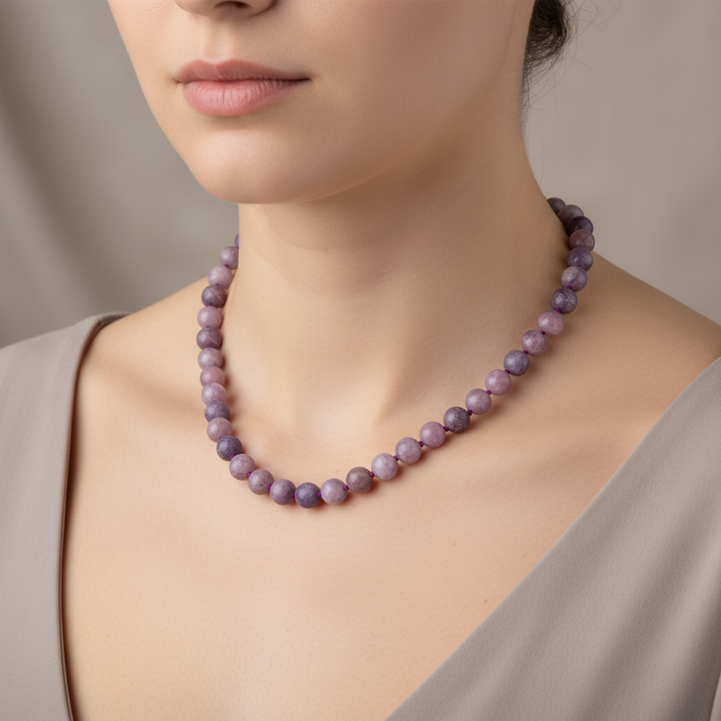 Lepidolit 8 mm Düğümlü Doğal Taş Kolye - Görsel 1 - Safnaturel