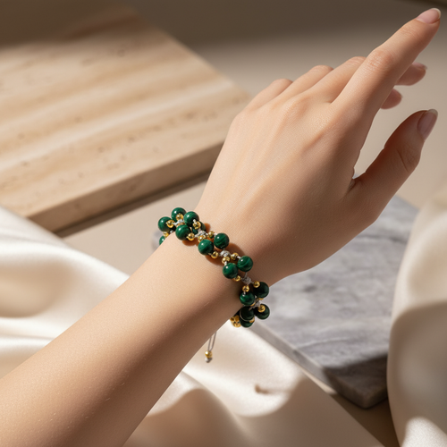 Malakit Üçlü Makrome Özel Tasarım Bileklik 6 mm