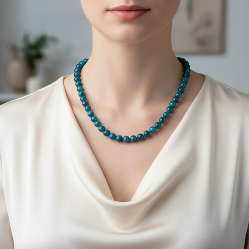 Mavi Apatit 6 mm Düğümlü Doğal Taş Kolye