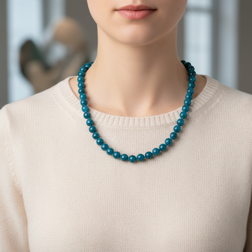 Mavi Apatit 8 mm Düğümlü Doğal Taş Kolye