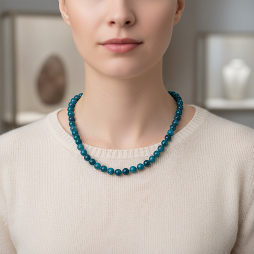 Mavi Apatit 8 mm Düğümlü Doğal Taş Kolye