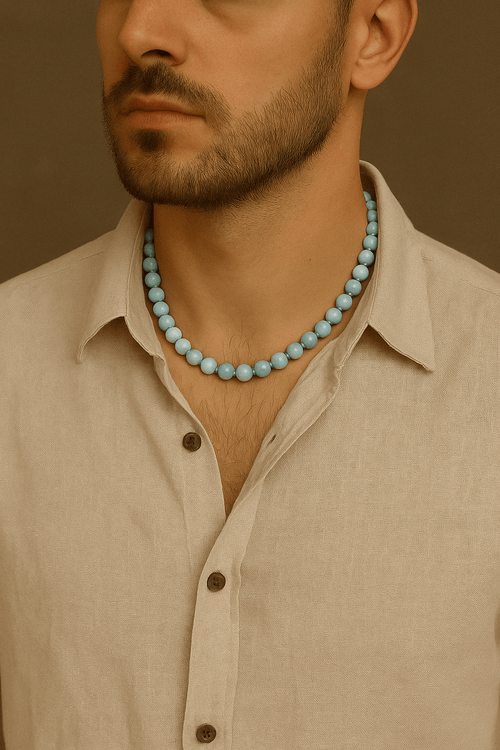 Mavi Larimar (Opal) 8 mm Düğümlü Doğal Taş Kolye