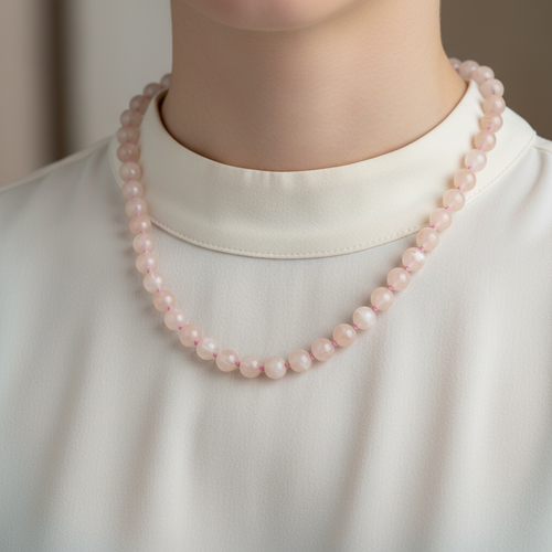 Morganit 8 mm Düğümlü Doğal Taş Kolye