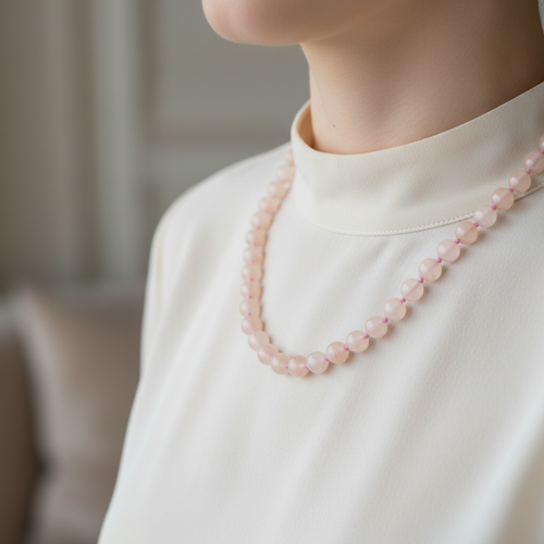 Morganit 8 mm Düğümlü Doğal Taş Kolye