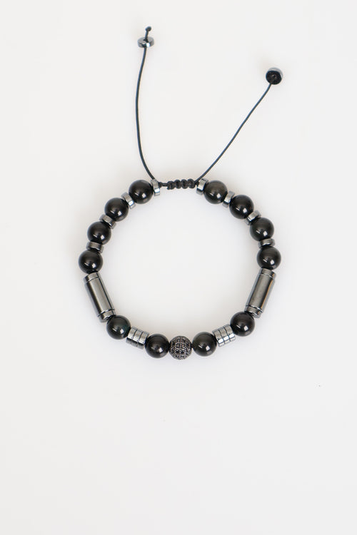 Obsidyen - Hematit Doğal Taş Zirkon Aparatlı Erkek Makrome Bileklik