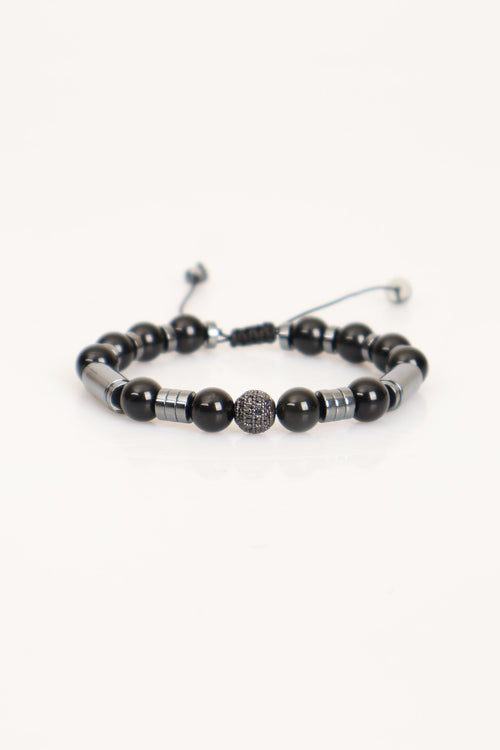 Obsidyen - Hematit Doğal Taş Zirkon Aparatlı Erkek Makrome Bileklik