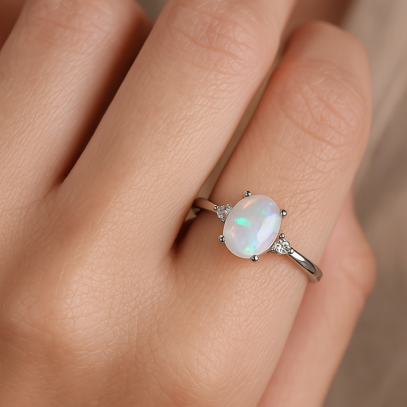 Opal - Elmas Doğal Taş 925 Ayar Gümüş Yüzük ( 0.85 - 0.16 Carat ) - Görsel 1 - Safnaturel