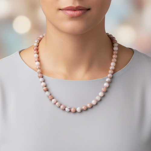 Opal Pembe 8 mm Düğümlü Doğal Taş Kolye