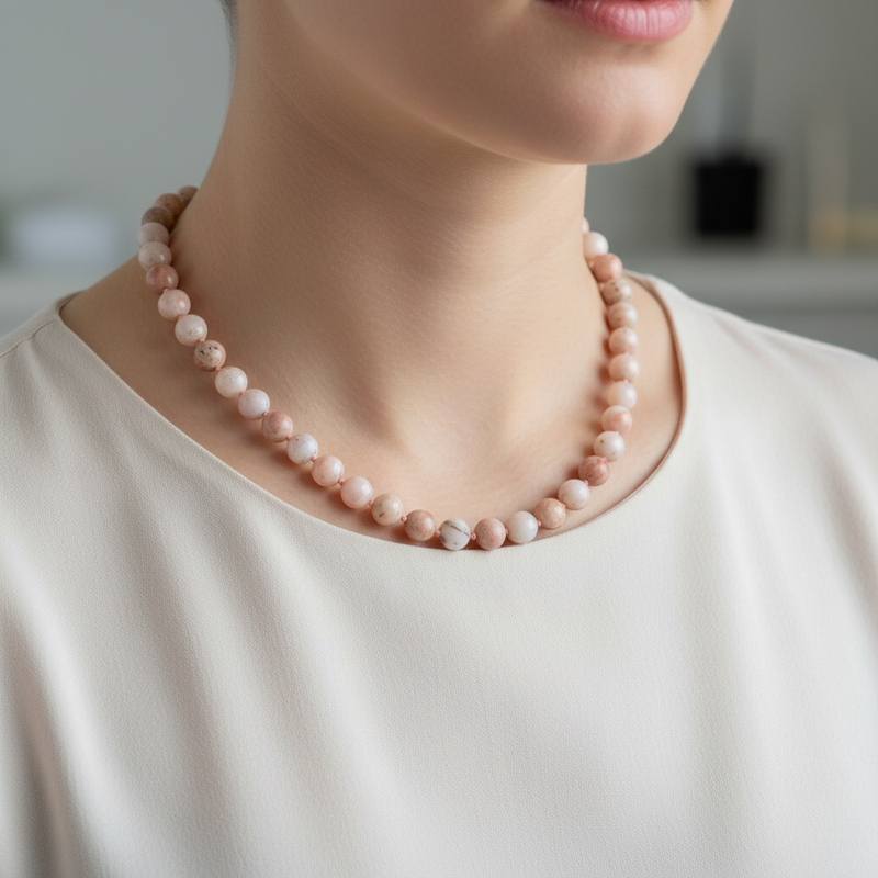 Opal Pembe 8 mm Düğümlü Doğal Taş Kolye - Görsel 1 - Safnaturel