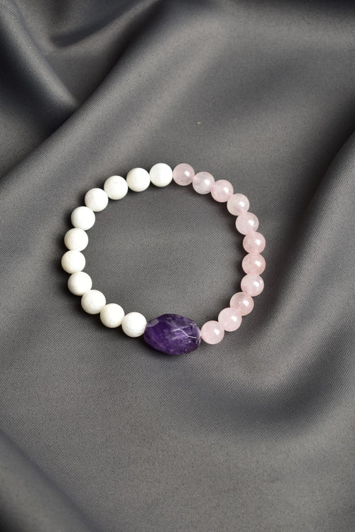 Rose Quartz - Moonstone - Amethyst Natural Stone Design Bracelet