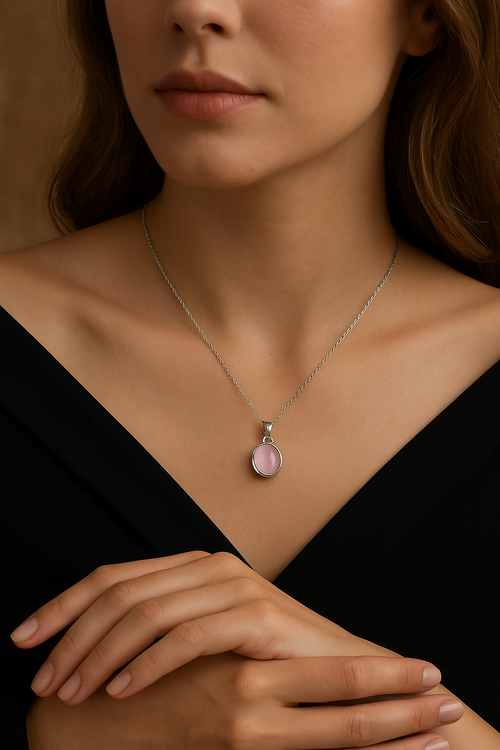 Pembe Kuvars Doğal Taş 925 Ayar Gümüş Kolye