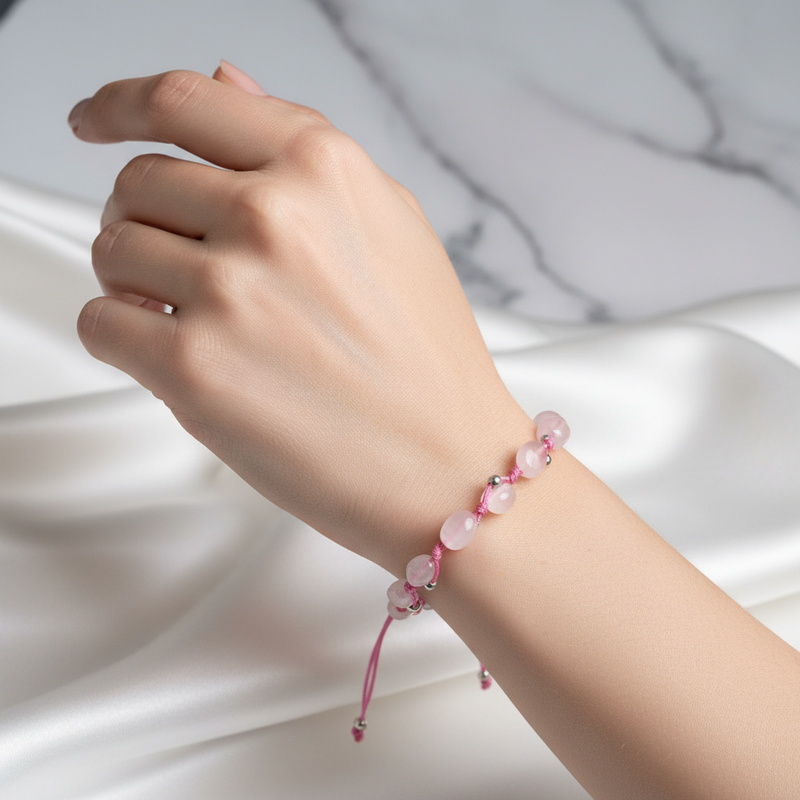 Pembe Kuvars Doğal Taş Makrome Bileklik - Görsel 1 - Safnaturel