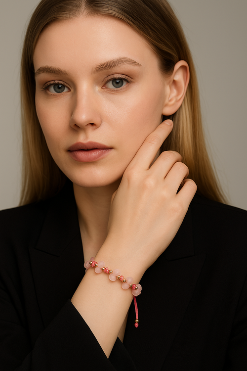 Pink Quartz Natural Stone Triple Macrame Bracelet