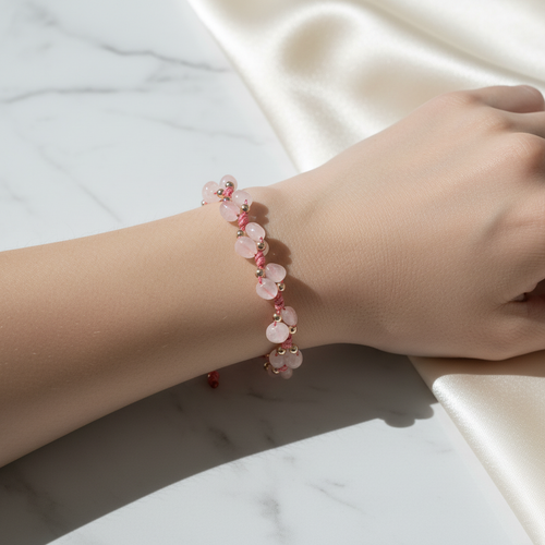 Pembe Kuvars Doğal Taş Üçlü Makrome Bileklik