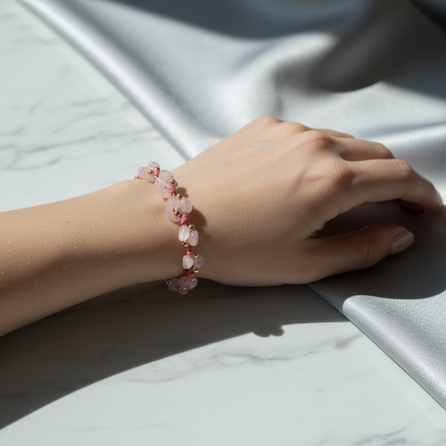 Pembe Kuvars Doğal Taş Üçlü Makrome Bileklik