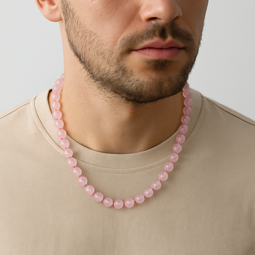 Rose Quartz (Rose Quartz) 8 mm Knotted Natural Stone Necklace