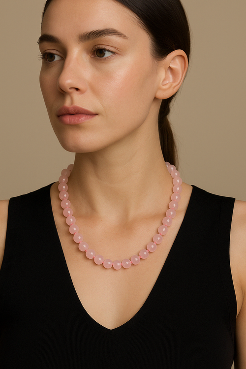 Rose Quartz (Rose Quartz) 8 mm Knotted Natural Stone Necklace