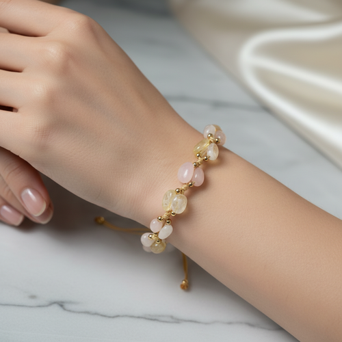 Pembe Kuvars - Sitrin Doğal Taş Makrome Bileklik